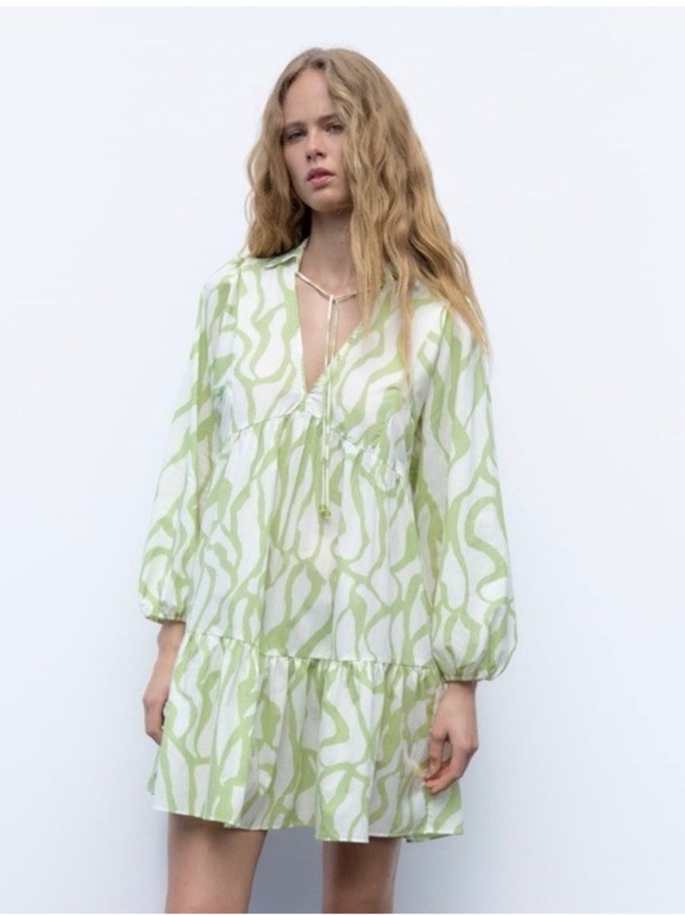 ZARA Green and White Abstract Pattern Dress
